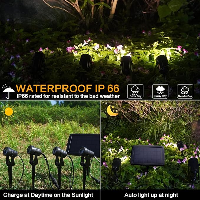 Solar Powered Landscape Spotlights, 4-Pack with Remote Control, Black, IP65 Waterproof, 270° Adjustable Head, RGBW, 150LM, 3000K, Outdoor Garden Path Lights with 3W Solar Panel
