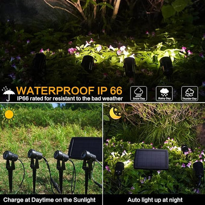 Solar Powered Landscape Spotlights, 4-Pack with Remote Control, Black, IP65 Waterproof, 270° Adjustable Head, RGBW, 150LM, 3000K, Outdoor Garden Path Lights with 3W Solar Panel