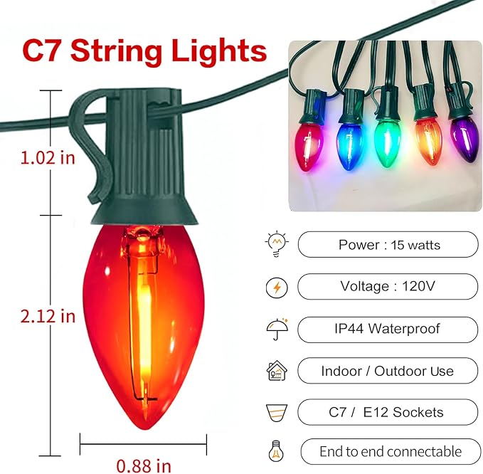 25FT C7 LED Christmas Lights Indoor Outdoor, 25 Multicolor Waterproof Bulbs, Connectable Dimmable String Lights | Lumora