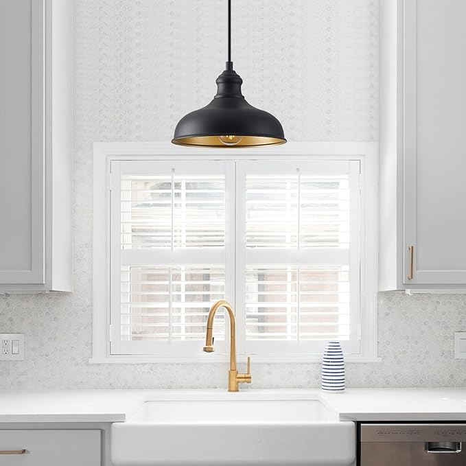 10in Dome Outdoor Pendant Barn Lights Black Kitchen Island Pendant Lamp with Brass Interior, Hallway Porch Ceiling | Lumora