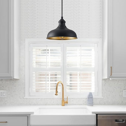 10in Dome Outdoor Pendant Barn Lights Black Kitchen Island Pendant Lamp with Brass Interior, Hallway Porch Ceiling Hanging Lights, Farmhouse Style Indoor Pendant Fixture for Home, Ajustable