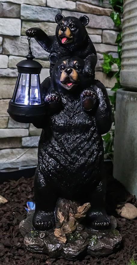 Ebros Rustic Black Bear Family Statue 18.75" Tall with Solar LED Lantern Light - Realistic Wildlife Decor
