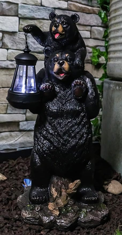 Ebros Rustic Black Bear Family Statue 18.75" Tall with Solar LED Lantern Light - Realistic Wildlife Decor