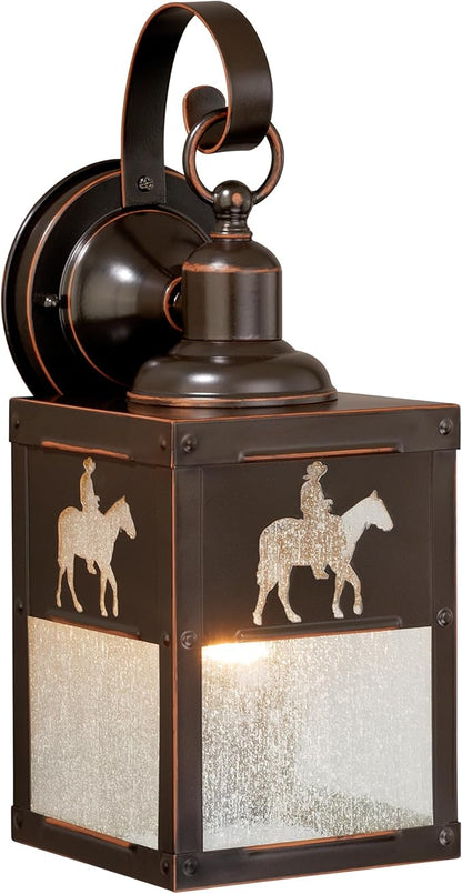 VAXCEL Trail 13 in. H 1-Light Burnished Bronze Rustic Cowboy Outdoor Wall Sconce Made of Durable Steel, Clear Seeded Glass Shade, LED Compatible, Use for Exterior Porch Patio Front Door or Garage