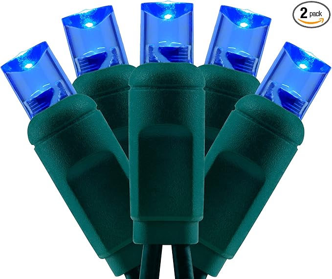YULETIME Blue One-Piece Wide Angle Christmas Lights 140 Count 48 Feet, 2 Sets 70 LED 24 ft High Waterproof 5mm UL Certified String Light (Blue)