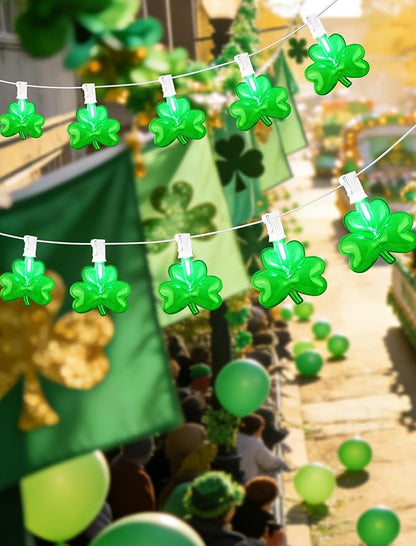 St Patricks Day Shamrock String Lights, 10.5ft Connectable Outdoor Green Clover Lights, Warm White Wire, UL Listed Waterproof