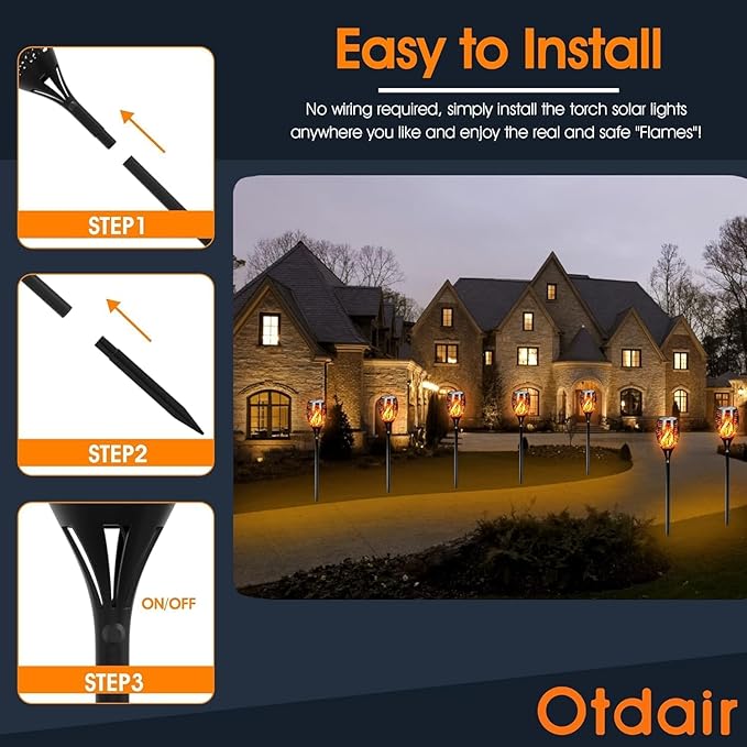 Otdair 96 LED Solar Lights Outdoor Upgraded 6 Pack, 43" Tall & Super Larger Size, Waterproof Tiki Torches for Outside, 2200mAh Solar Solar Torch Light with Flickering Flame for Path Yard Garden
