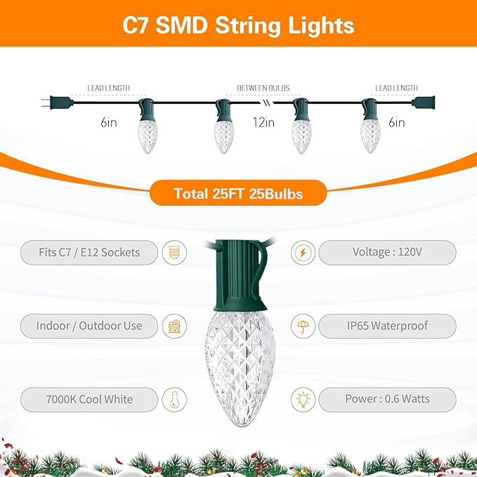 25FT C7 Christmas Lights Outdoor, Bright SMD LED String Lights with 25 7000K Cool White Bulbs for Roof, Fence | Lumora