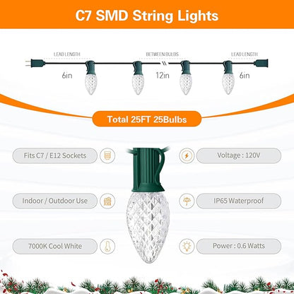 25FT C7 Christmas Lights Outdoor, Bright SMD LED String Lights with 25 7000K Cool White Bulbs for Roof, Fence, Winter Ice Themed Holiday Decor