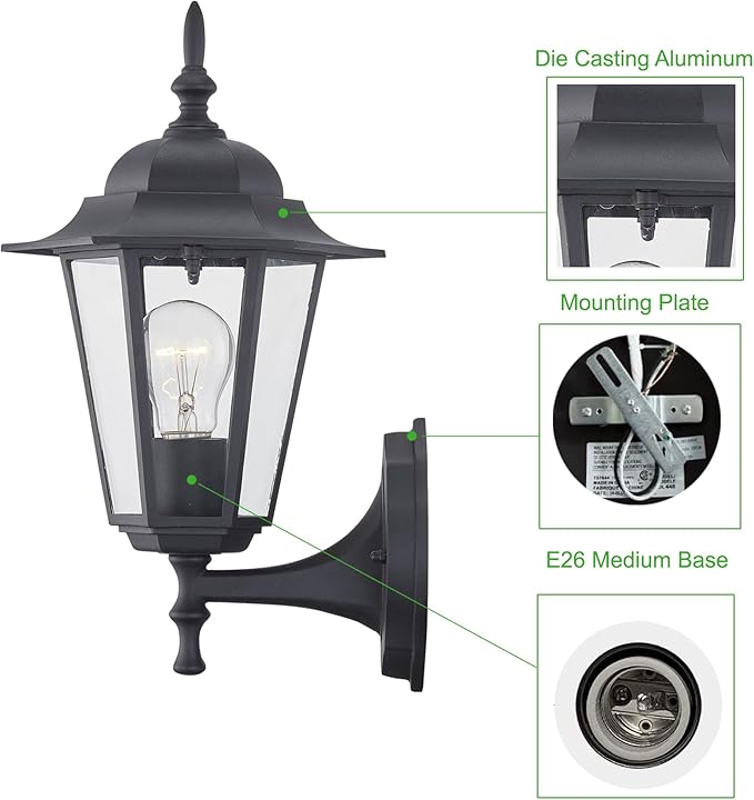 WISBEAM Outdoor Wall Lantern, Black Wall Sconce for House Porch Lighting Fixture, E26 Base 60W Max, Metal Housing | Lumora