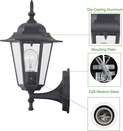 WISBEAM Outdoor Wall Lantern, Black Wall Sconce for House Porch Lighting Fixture, E26 Base 60W Max, Metal Housing Plus Glass, Wet Location Rated, ETL Qualified, Bulbs not Included