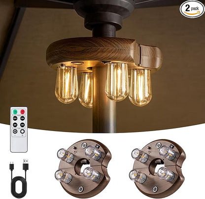 Dark Wood Grain Patio Umbrella Light with Remote Control, Rechargeable Cordless LED Edison Bulbs Pole Light with 10 Brightness Levels for Garden, Patio, Backyard, Camping or BBQ (2 Pack)