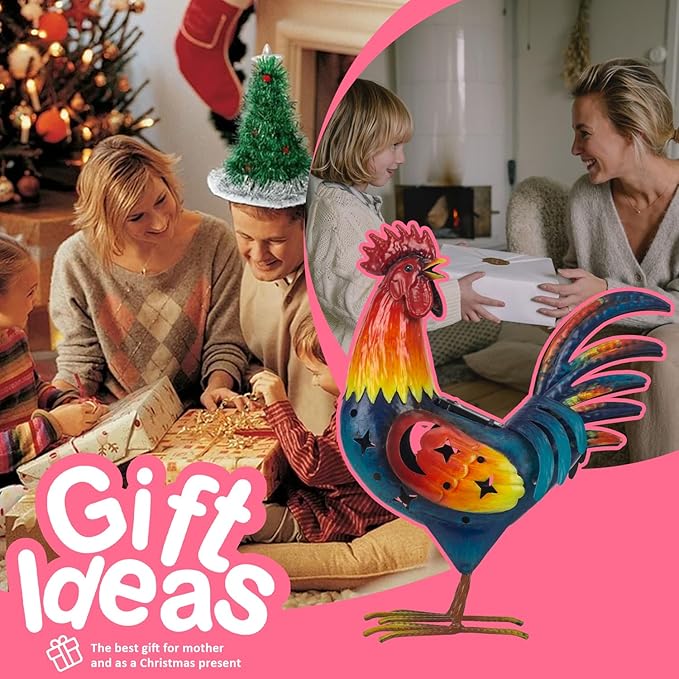Natelf Solar Rooster Statue, Outdoor Metal Rooster Decor with Solar Light, Hand-Painted Weatherproof Garden Art for Yard, Patio - Unique Gift