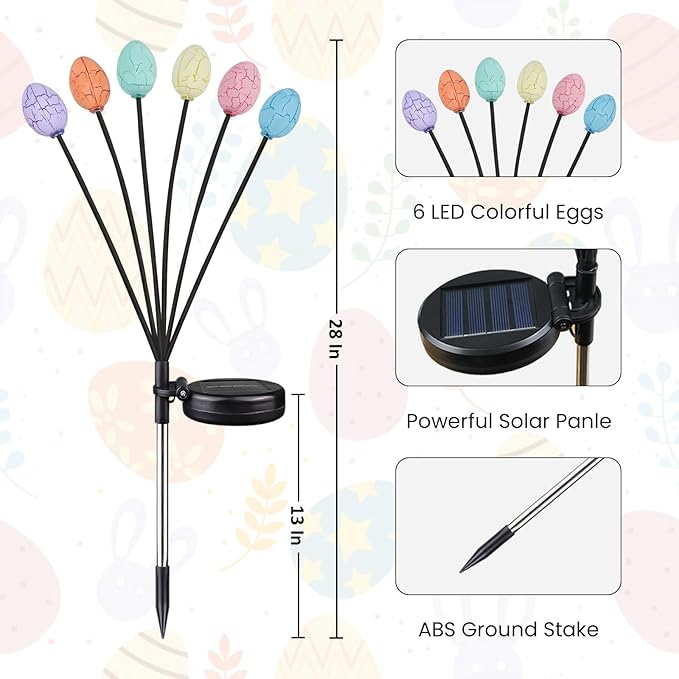 OZS 4 Pack Solar Easter Egg Lights, Colorful Garden Swaying Firefly Lights Outdoor, 24 Led Waterproof Solar Stake Lights for Lawn Trails, landscaped Yards, Porches and Patio Easter Decorations