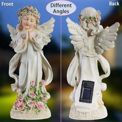 Solar Garden Statues Lights, Guardian Angel Figurines Light with Flower, Resin Praying Angel Figurine Lights Landscape Light, Outdoor Decor Garden Figurine for Patio Balcony Yard Lawn (White Angel)