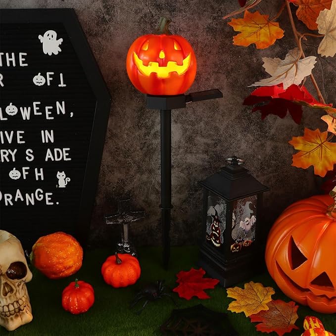 SAFIGLE Solar Pumpkin Pathway Lights：Outdoor Halloween Stake - Light up Jack O Lantern Pumpkins for Halloween Party Porch Yard Decorations