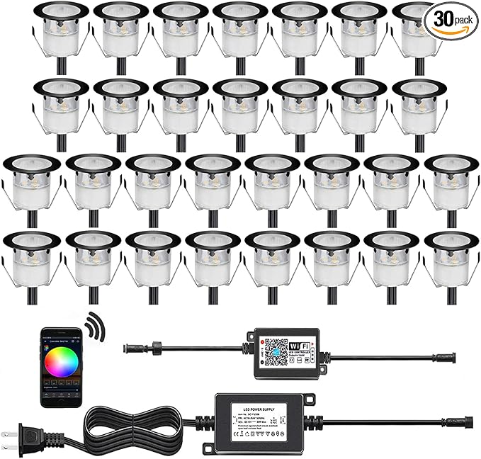 WiFi Controlled LED Deck Lights Multi Color RGB Outdoor IP67 Waterproof Φ1.18 Low Voltage Step In-Ground Lights,Smart Phone APP Controlled,Compatible with Alexa Echo and Google Home(30Pcs)