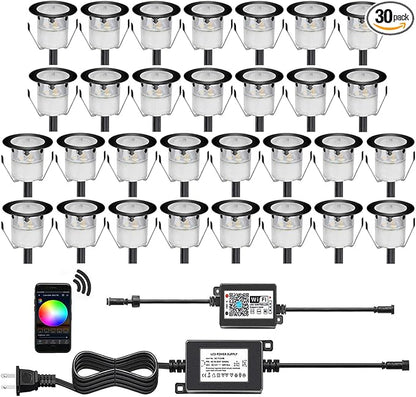 WiFi Controlled LED Deck Lights Multi Color RGB Outdoor IP67 Waterproof Φ1.18 Low Voltage Step In-Ground Lights,Smart Phone APP Controlled,Compatible with Alexa Echo and Google Home(30Pcs)