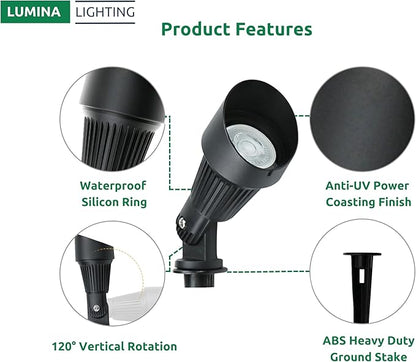 Lumina Lighting® 5W Landscape Lighting 12V Landscape Lights Low Voltage Landscape Spotlights Warm White Waterproof Outdoor Replaceable LED Bulb for Garden,Lawn,Porch,Patio and Yard (Black) (2-Pack)