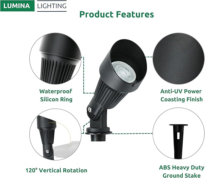 Lumina Lighting® 4W Landscape Lighting 12V Landscape Lights Low Voltage Landscape Spotlights Warm White Waterproof Outdoor Replaceable LED Bulb for Garden, Lawn, Porch, Patio and Yard (Black, 2-Pack)