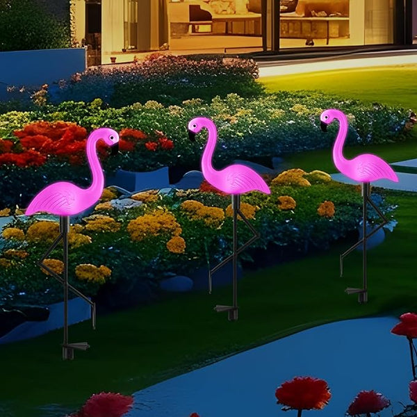 Solar Flamingo Lights 3 Pcs Set, Waterproof Solar Garden Lights Outdoor Decoration, Pink Flamingo Garden Decoration | Lumora