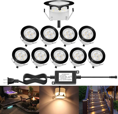 Led Deck Lights Outdoor Waterproof Low Voltage Stainless Steel 1W Outdoor Yard Garden Decoration Lamps Landscape Pathway Patio Step Stairs LED In-ground Lights Black Border(10pcs,Warm White)