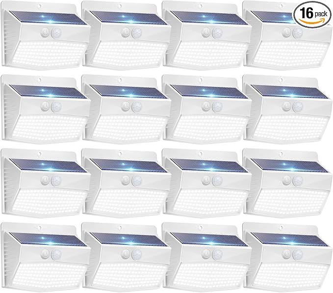 Peasur 16 Packs Solar Outdoor Lights Motion Sensor Solar Security Lights Waterproof with 3 Lighting Modes Solar Powered Wall Lights Outside for Garden Fence Yard Deck, White