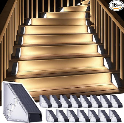 ROSHWEY Solar Step Lights for Outside, 16 Pack Solar Powered Stair Lights Outdoor Waterproof, Triangle Deck Step Light, Outdoor Decor Lighting for Front Porch, Backyard, Patio, Cool White