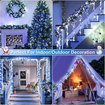 Christmas Lights Outdoor, 66FT 200 LED Christmas Tree Lights with 8 Modes Waterproof, Green Wire Plug in String Light for Indoor Patio Garden Xmas Party Wedding Holiday Decor, Blue and White