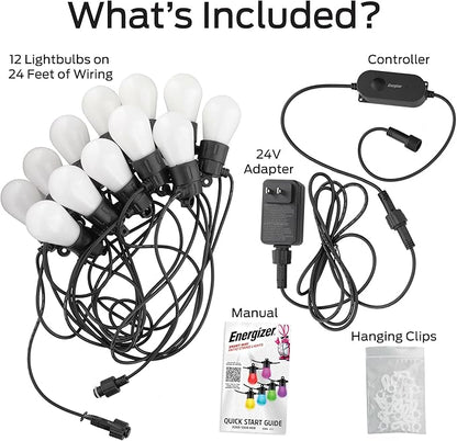 Energizer Smart RGBW+IC Outdoor String Lights, 24ft, 12 Multi-Color & White Sound Reactive LED Bulbs, IP65 Water & Weather Resistant, Voice Control with Alexa, Google, Siri, Grouping, Scheduling