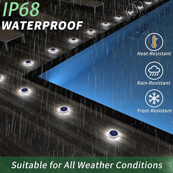 Solar Deck Lights Outdoor Waterproof, 6 Pack White Round Deck Lights Solar Powered, Flat Stick on Ground Disc Light | Lumora