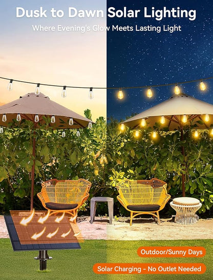 Brightever 100FT Solar String Lights Outdoor Waterproof, Patio Lights Solar Powered with Remote, 36+2 Shatterproof ST38 LED Bulbs 3 Lighting Modes, Dimmable Solar Lights for Backyard, Garden, Deck