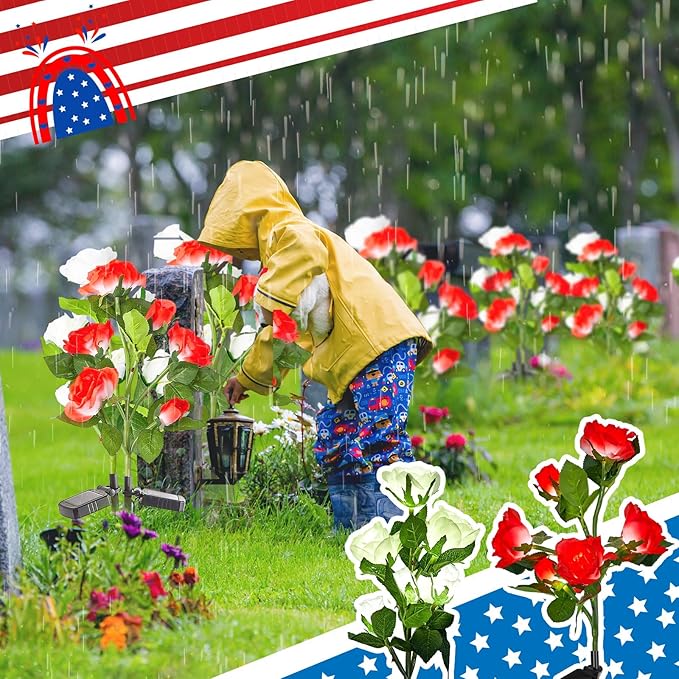 Woanger 4 Pcs Solar Flowers Cemetery Grave Decorations Outdoor LED Flower Lights with 6 Rose Powered Garden Stake Lights Waterproof for Independence Day 250 Anniversary USA Decorations(Red, White)