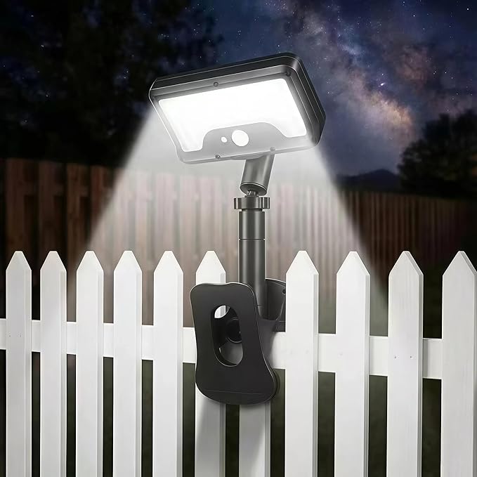 Solar Lights Outdoor, Motion Sensor Clip On Lights for Fence Gutter, 92 LED 600LM IP65 Waterproof Security Lights, Solar Powered Motion Activated Light for Deck Patio Yard (1)