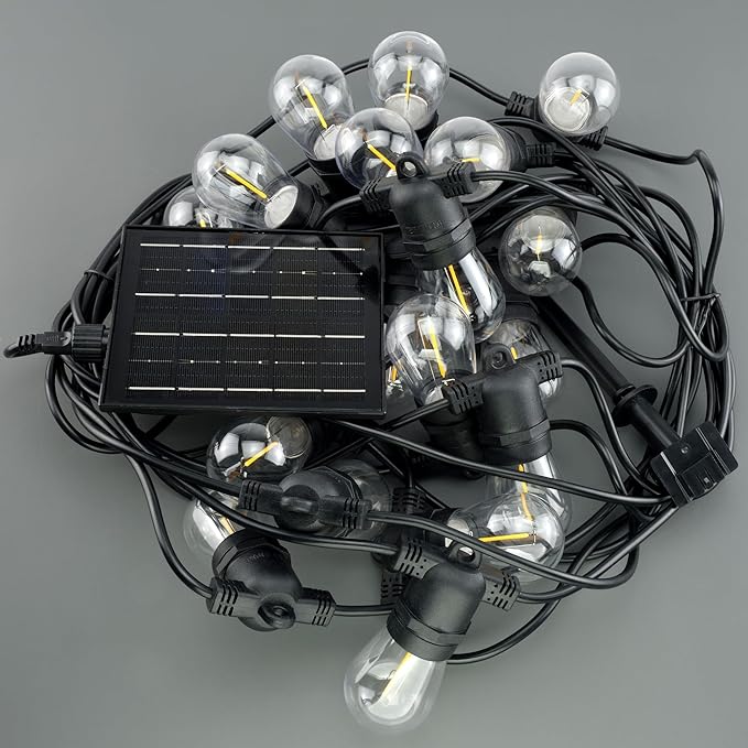 YULETIME 35 Feet 18 LED Solar Powered Patio String Lights, E26 Base with S14 Bulb Dimmable Weatherproof Backyard Light Bistro Lights (18 Lights - Solar Powered)