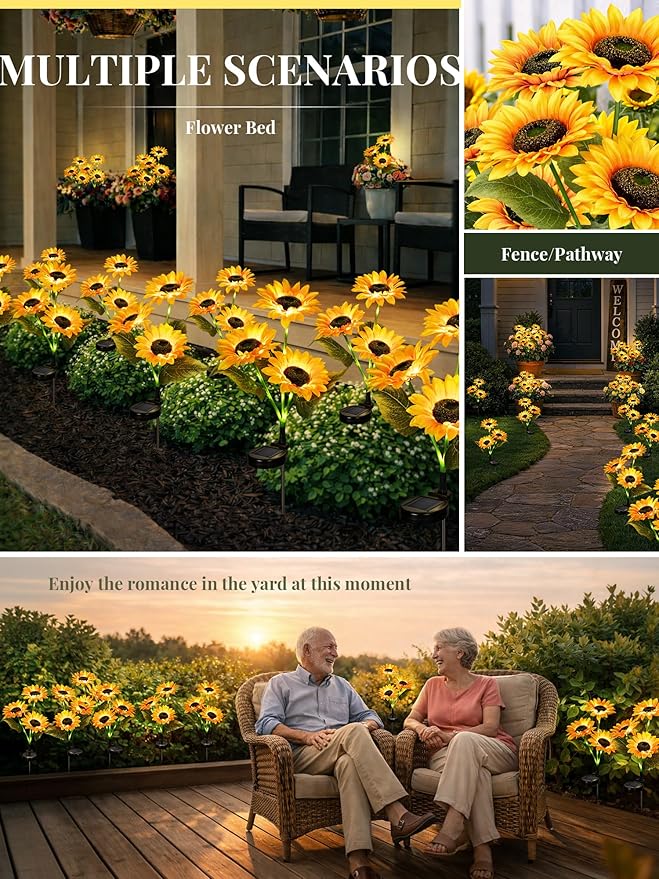 GIGALUMI Solar Garden Lights Artificial Flowers, LED Garden Decor Carefree Sunflower Solar Lights Outdoor Yard Decorations Outdoor, Everlasting Sunflower Decor Gift for Outside Yard Patio (Set of 4)