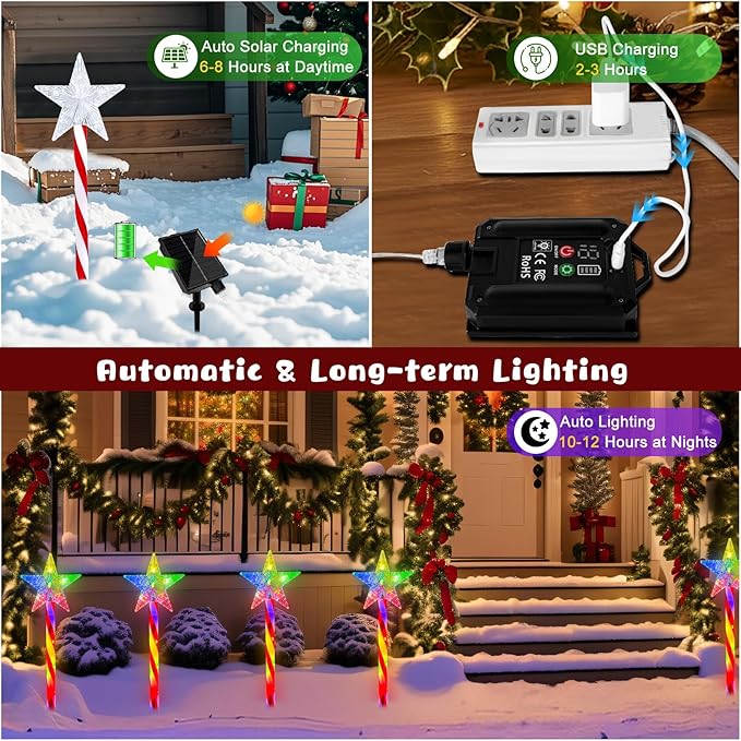 Outdoor Christmas Decorations Lights, 8 Pack RGB Solar Candy Star Path Lights with 8 Modes, Solar Christmas Lights Outdoor Waterproof, LED Xmas Outside Lights for Garden Path Yard Decor (Star)