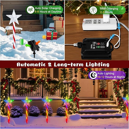 Outdoor Christmas Decorations Lights, 8 Pack RGB Solar Candy Star Path Lights with 8 Modes, Solar Christmas Lights Outdoor Waterproof, LED Xmas Outside Lights for Garden Path Yard Decor (Star)