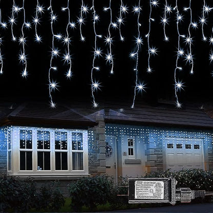 Dazzle Bright 360 LED Christmas Icicle Lights, 29.5 FT 8 Modes Curtain Fairy Lights with 60 Drops, Connectable Xmas String Lights for Outside Holiday Wedding Party Decorations (White)