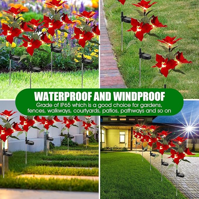2 Pcs Solar Garden Lights,IP65 Waterproof Solar Poinsettia Flowers Lights Landscape Lighting,Simulation Poinsettia | Lumora