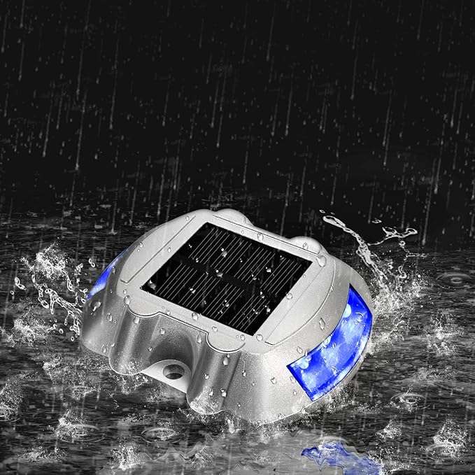 JIGUOOR Solar Deck Lights LED Driveway Lights Solar Powered Dock Light Outdoor IP68 Waterproof Road Markers for Step Sidewalk Stair Boat Garden Ground Pathway Yard (Blue, 1 Pack)