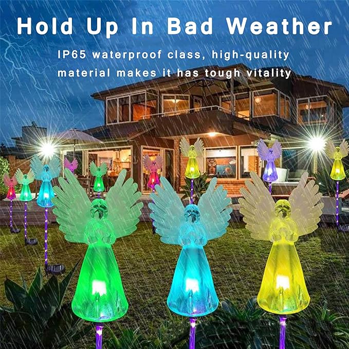 NMM Solar Angel Lights, 2 Pack Outdoor Solar Garden Lights, Multi-Color Changing Angel Decorative Lights for Yard Lawn Pathway Grave Cemetery Christmas Decoration, Thanksgiving Memorial Gift