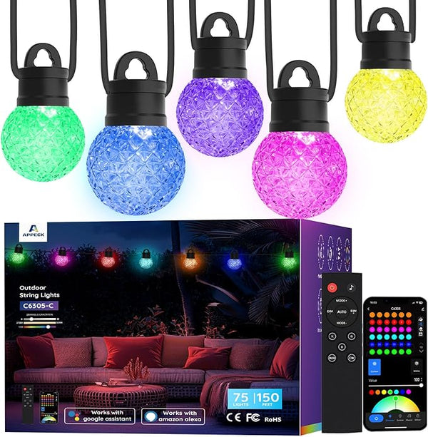 APPECK Outdoor String Lights 150FT, RGBW Smart Patio Lights with 111 Scene Modes, Christmas String Lights with 75 | Lumora