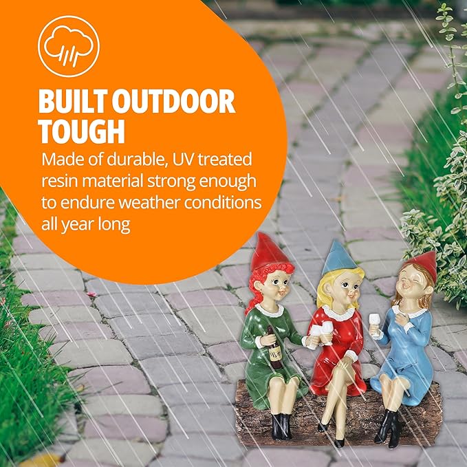 Exhart Garden Gnomes, Girl's Night Wine Drinking Solar Garden Gnome Statue, LED Hats, Outdoor Lawn and Yard Decoration, 5.5 x 10.5 x 9.5 Inch, Multicolor, Resin