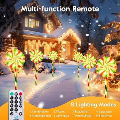 Brightown 6 Pack Lollipop Christmas Pathway Lights Outdoor - 27IN 120 LED Candy Cane Pathway Lights with 8 Lighting Modes, Waterproof Christmas Light Outdoor Decoration for Lawn Walkway, Warm White