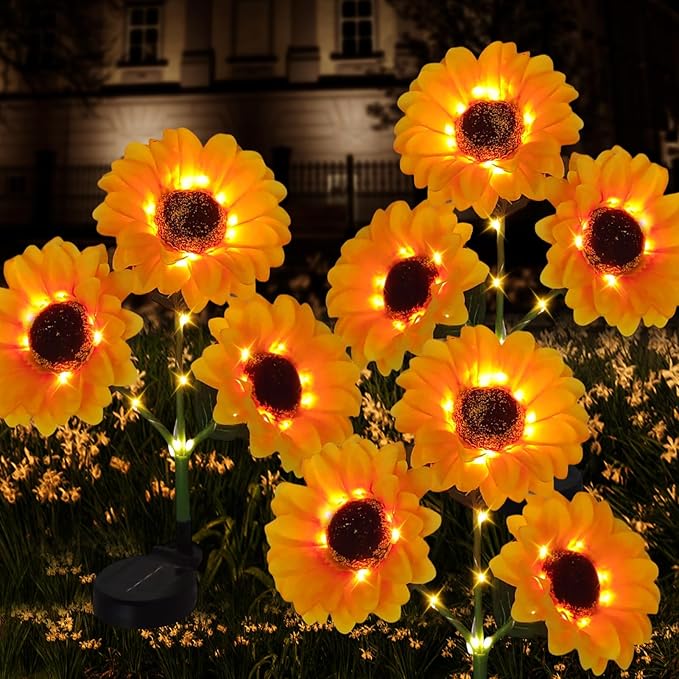 Sunflower Solar Lights Outdoor, IP65 Waterproof Fairy Decor Light, 2 Modes Constant Light&Blinking, 3 Pack Flower Lights with 9 Sunflowers, Ideal for Garden, Back Yard, Patio, Flower Bed, Cemetery