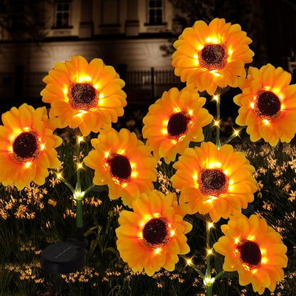 Sunflower Solar Lights Outdoor, IP65 Waterproof Fairy Decor Light, 2 Modes Constant Light&Blinking, 3 Pack Flower Lights with 9 Sunflowers, Ideal for Garden, Back Yard, Patio, Flower Bed, Cemetery
