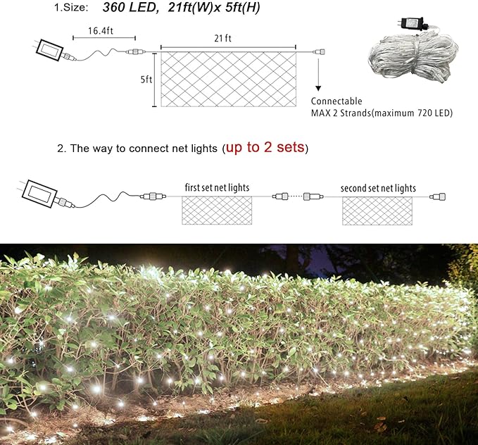 Lovelite 360 LED Net Lights, 21ft x 5ft Christmas Mesh Lights Clear Wire 8 Modes, Waterproof Connectable String Light Plug in for Xmas Tree Bushes Garden Outdoor Party Decorations - White