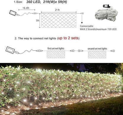 Lovelite 360 LED Net Lights, 21ft x 5ft Christmas Mesh Lights Clear Wire 8 Modes, Waterproof Connectable String Light Plug in for Xmas Tree Bushes Garden Outdoor Party Decorations - White