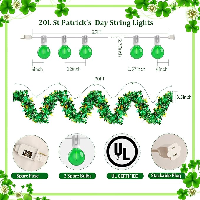 20FT St Patrick's Day Garland Lights, Plug in Outdoor Green Global String Lights and Tinsel Shamrock Garland Set, Parallel Connectable for Home Garden Irish Saint Patrick Party Decorations
